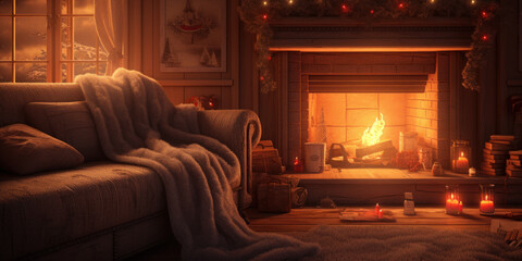 bedroom and fireplace with christmas decorations