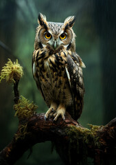 Horned Owl's Gaze Amidst Gentle Rain: Dense Forest Atmosphere & Golden-Yellow Eyes Radiatin - Nature's Mysterious & Wise Nocturnal Raptor.