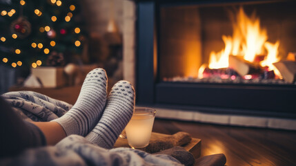 Cozy Winter Retreat: Point of View of Warm Feet Covered with Knit Socks Relaxing by the Fireplace in a Cabin