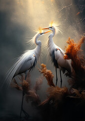 Golden Hour Scene with Two Majestic Egrets in Wetlands - Capturing Calm, Focus & the Essence of Nature.