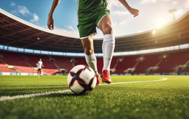 Cropped image of running soccer, football player at stadium during football match. Concept of...