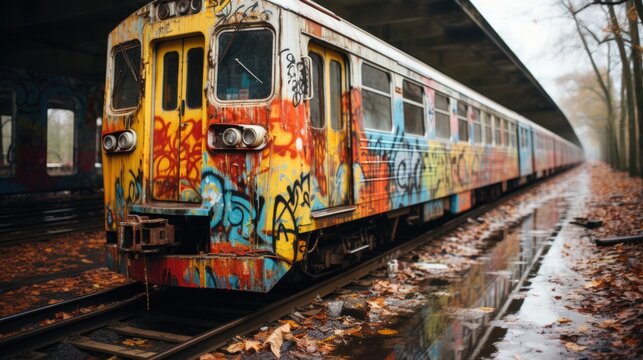 Yellow subway train with colorful abstract graffiti on it stands on a railway in a city