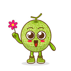 Cute cartoon melon fruit character holding flower