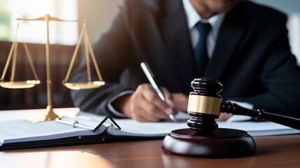Lawyer hand holding pen and providing legal consult business dispute service at the office with justice scale and gavel hammer. - obrazy, fototapety, plakaty