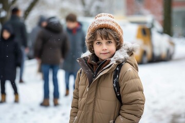 Young boy looking at camera walking through snow