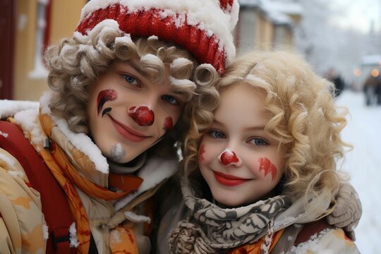 Smiling young couple with painted face enjoying snow