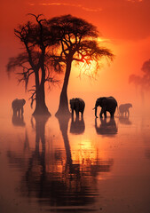 Fototapeta na wymiar Majestic Elephants Wading Under Radiant Sunset Sky - Nature's Timeless Beauty & Grace Captured - Golden Sunrise & Silhouette of Leafless Trees.