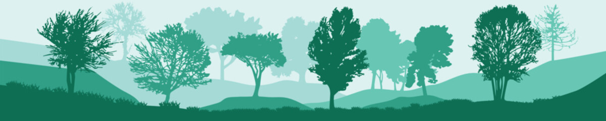 Forest, park, alley. Landscape of isolated trees. Silhouette vector in green shades