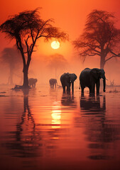 Fototapeta na wymiar Tranquil Moment: Elephants Silhouetted Against a Glowing Orange Sky - Harmony of Wildlife & Nature - Sunset's Golden Hues & Nature's Beauty.