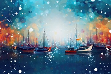 illustration of fishing boats in the water with snowflakes. Abstract background Christmas Boat Parade : Boat parades featuring festively decorated boats and yachts. AI generated