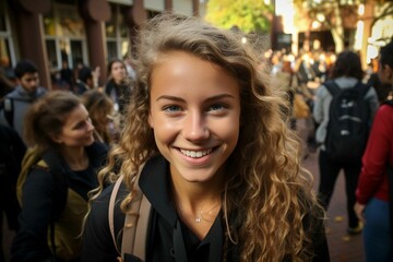 Fototapeta premium Cheerful young woman in a city crowd, smiling and enjoying.