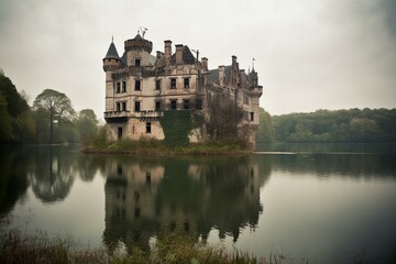 Fototapeta na wymiar Serene view of a deteriorating castle standing atop a calm lake. Generative AI