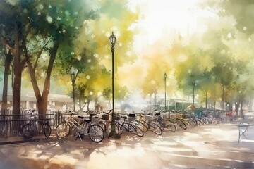 Morning scene of bicycle parking in the park. Watercolor-style impressionist painting. Generative AI