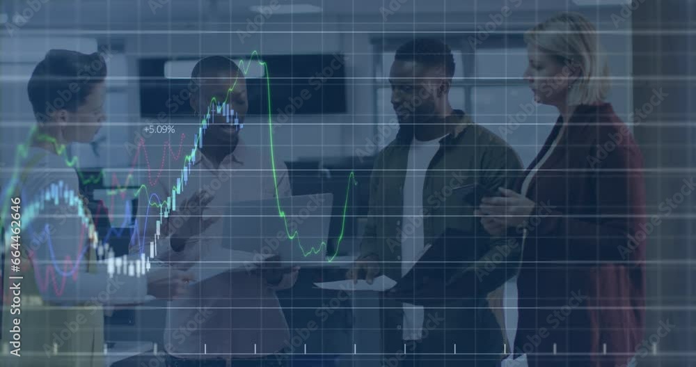 Poster animation of financial data processing against group of diverse colleagues discussing at office