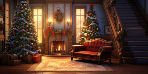 Fototapeta na wymiar Christmas tree in living room illustration