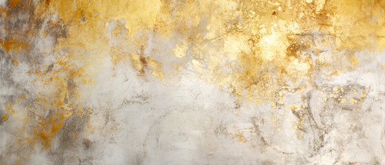 White textured background with golden shimmer. Grunge, abstract concrete background. Decorative stucco, painting. Generative ai.