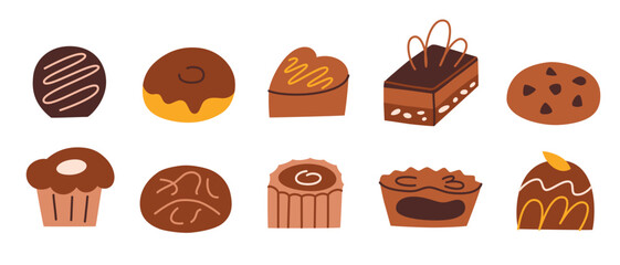 Desserts hand drawn collection, doodle icons of muffin, donut and cupcake, vector illustrations of chocolate candy and cake, cafe menu, delicious food, isolated colored clipart on white background