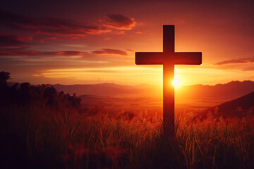 The cross standing on meadow sunset and flare background. Cross on a hill as the morning sun comes up for the day. The cross symbol for Jesus Christ. Easter background concept and The crosses sign. - obrazy, fototapety, plakaty