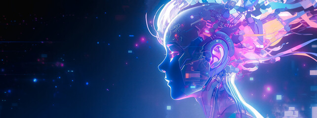 Artificial intelligence in humanoid head with neural network thinks. AI with Digital Brain is learning processing big data, analysis information. Illustration on blue background. Banner