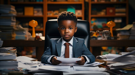 cute business black baby boy in suit working at desk