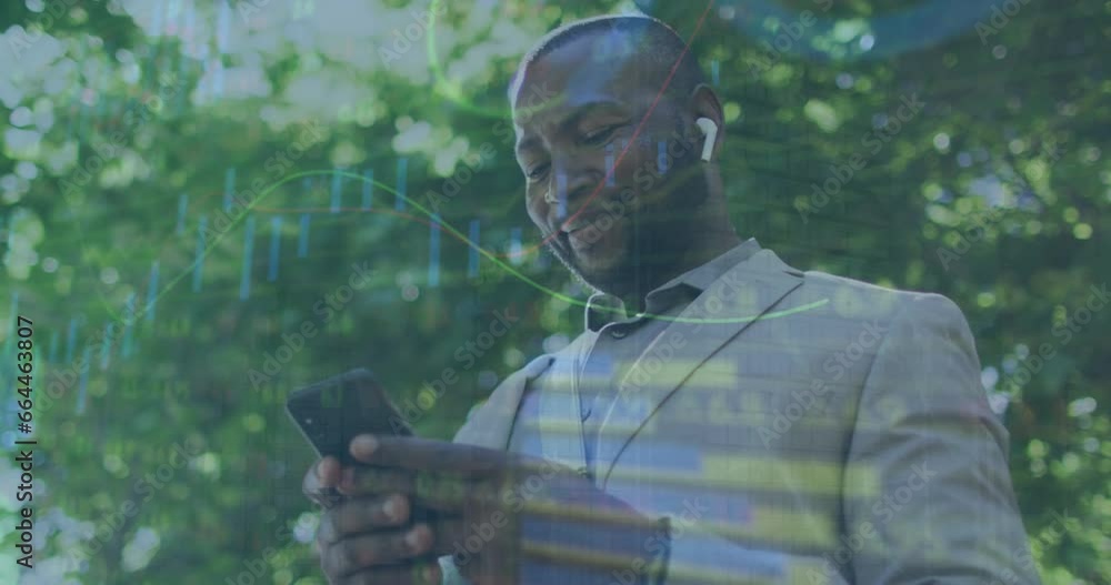 Poster animation of statistical data processing over happy african american man using smartphone on street