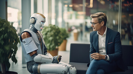 Job interview with futuristic robot in modern office, AI replacing humans, taking our jobs in the future. AI vs human competition