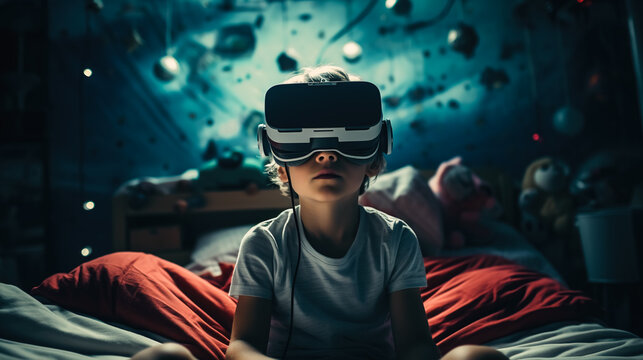 Child boy playing VR headsets. Child using a gaming gadget for virtual reality. Futuristic goggles at young age. Virtual technology