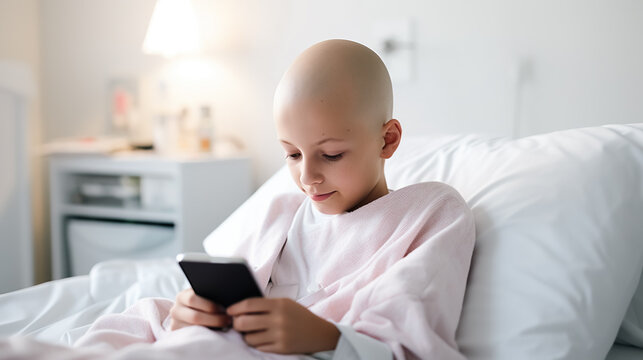A bald boy uses a smartphone in the hospital. Cancer patient smiling while playing or watching video