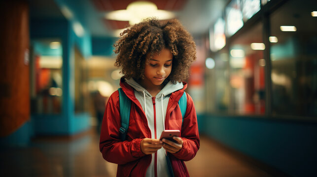 Cute high school girl texting on smart phone between classes