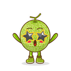 Funny melon fruit character in star-shaped glasses having fun at party, cartoon vector illustration isolated on white background. Cartoon melon fruit character, party mascot