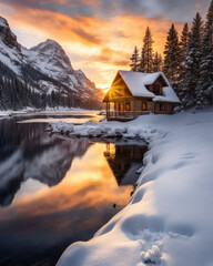 a serene, snow-covered cabin nestled by a peaceful mountain lake at sunset, with the warm, golden light reflecting off the water, aspect ratio 4:5 - obrazy, fototapety, plakaty