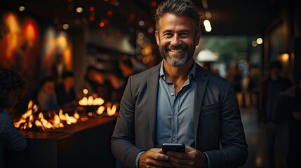 Smiling mature businessman holding a smartphone in an office. Businessman looking at the camera while standing alone in a modern workplace. Man portrait illustration. Generative AI