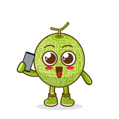 melon fruit cartoon character holding a smartphone