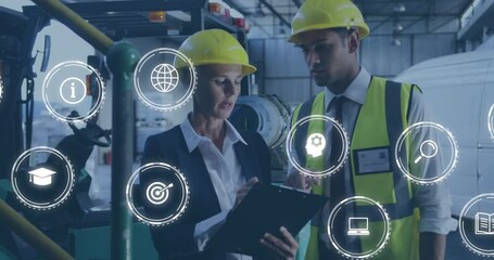 Animation of digital icons over diverse female supervisor and male worker discussing at warehouse - Powered by Adobe