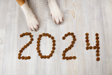 2024 are lined with pellets of dry food and dog paws. Happy New Year 2024 with a pet.