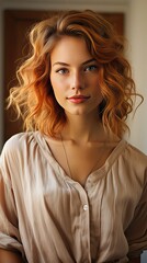 Fototapeta premium Portrait of young smiling woman looks in camera over white wall background. Woman portrait illustration. Generative AI