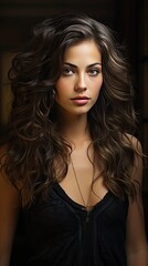 Fototapeta premium Portrait of a beautiful brunette woman with long wavy hair. Model illustration. Generative AI