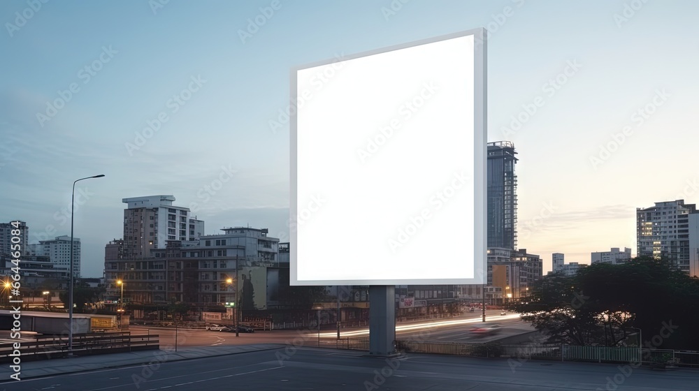 Poster mock up white large led display vertical billboard on tower building .clipping path for mockup