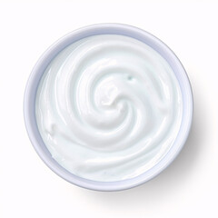 Blue ceramic bowl of fresh greek yogurt or sour cream isolated on white background, top view