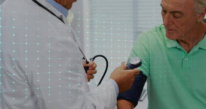 Animation of heart rate monitor over caucasian male doctor checking blood pressure of male patient
