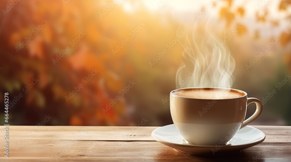 Poster top view a cup of hot coffee with steaming above the cup setting on wooden table under morning light