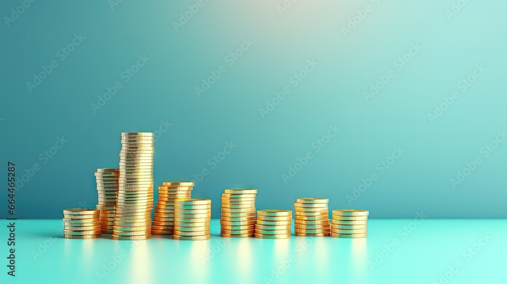 Poster blue up arrow and coin stacks on pastel background. financial success and growth concept. copy space