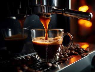 espresso coffee machine, coffee brewing from machine and coffee beans spreading on around