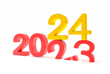 3d render of the numbers 2024 and 23 in red and gold over white background. The number 24 falls on the number 23 and breaks in it in the ground.