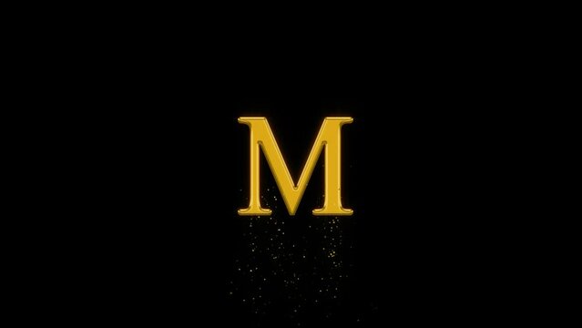 Golden letter M with gold particles and alpha channel, golden alphabet