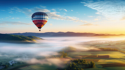 a colorful hot air balloon gently floating over a picturesque countryside during the early morning, with mist rising from the fields - obrazy, fototapety, plakaty
