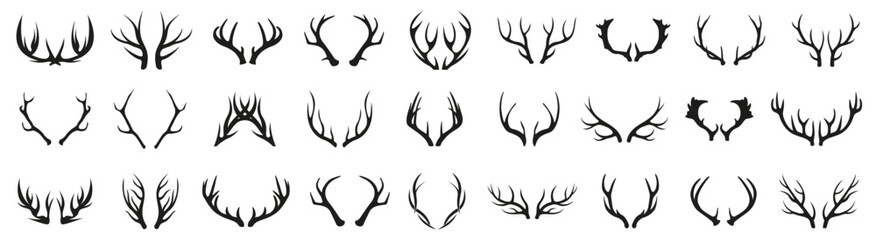 Black reindeer horn icons. Deer horn icons. Set of reindeer silhouette