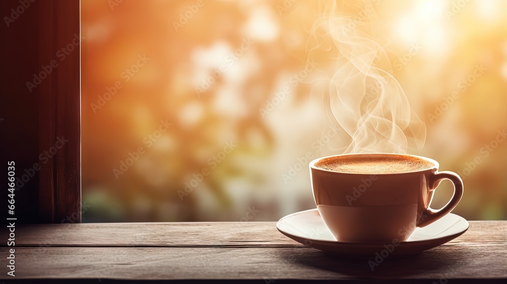 Poster top view a cup of hot coffee with steaming above the cup setting on wooden table under morning light
