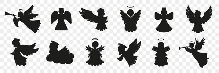 Christmas angel icons in black. Cute angel silhouette collection. Angel character icons. Black angel silhouette