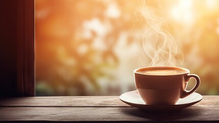 Top view a cup of hot coffee with steaming above the cup setting on wooden table under morning light near the window, coffee background with copy space relaxing moment concept.
